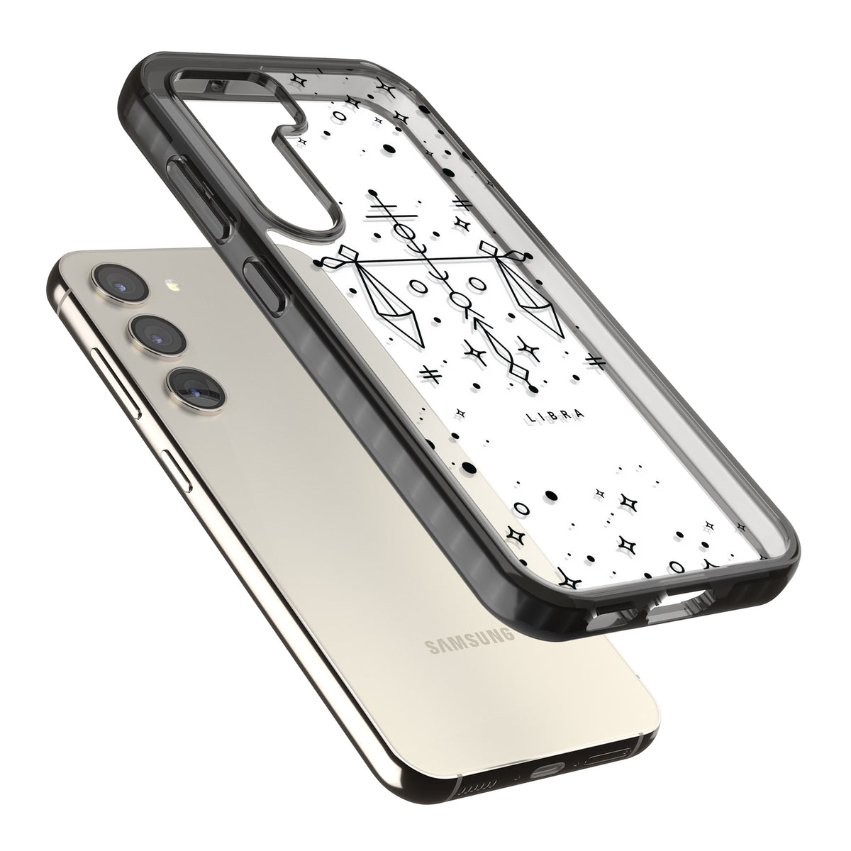 Libra Abstract Zodiac Samsung S22 / Samsung S22 Plus / Samsung S23 / Samsung S23 Plus / Samsung S24 / Samsung S24 Plus Impact Black Phone Case angled