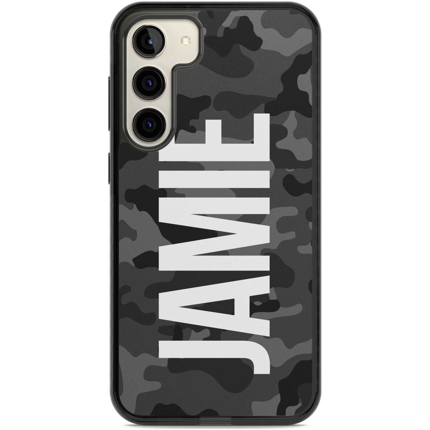 Personalised Vertical Name Black Camouflage Custom Phone Case Samsung S22 Plus / Black Impact Case,Samsung S23 Plus / Black Impact Case Blanc Space