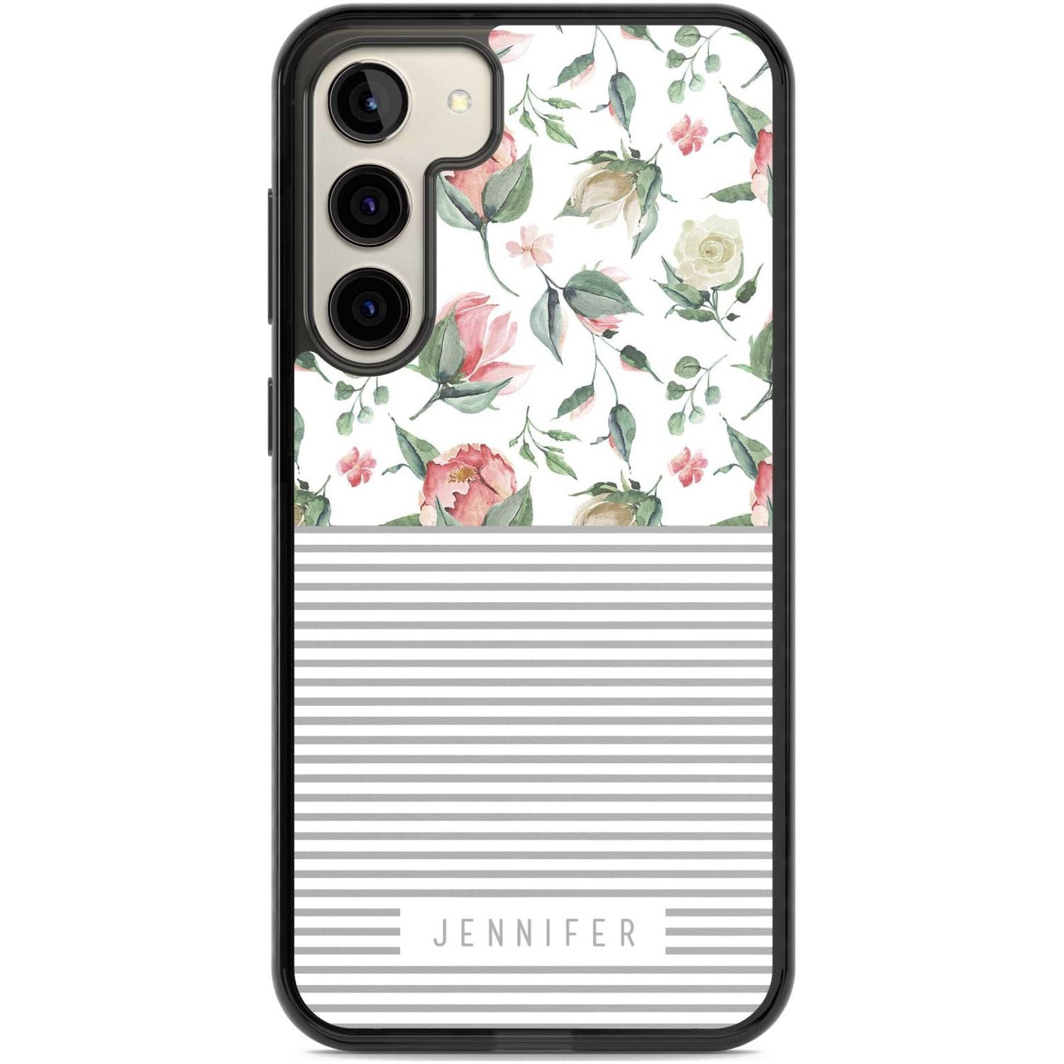 Personalised Light Floral Pattern & Stripes Custom Phone Case Samsung S22 Plus / Black Impact Case,Samsung S23 Plus / Black Impact Case Blanc Space