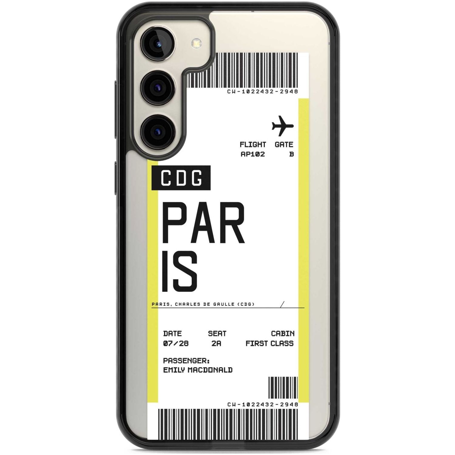 Personalised Paris Boarding Pass Custom Phone Case Samsung S22 Plus / Black Impact Case,Samsung S23 Plus / Black Impact Case Blanc Space