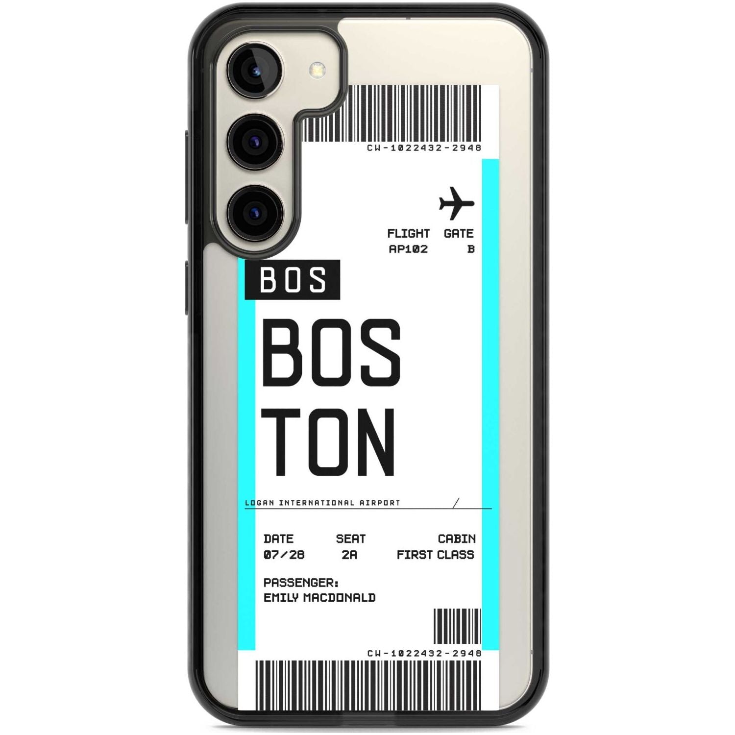 Personalised Boston Boarding Pass Custom Phone Case Samsung S22 Plus / Black Impact Case,Samsung S23 Plus / Black Impact Case Blanc Space