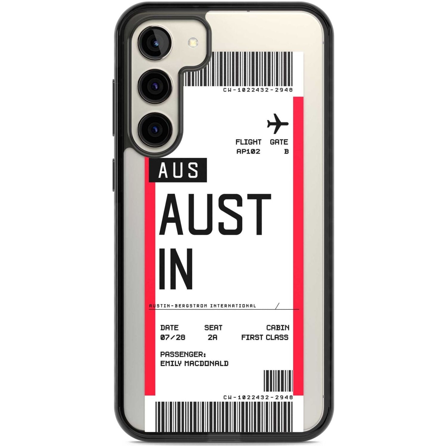 Personalised Austin Boarding Pass Custom Phone Case Samsung S22 Plus / Black Impact Case,Samsung S23 Plus / Black Impact Case Blanc Space