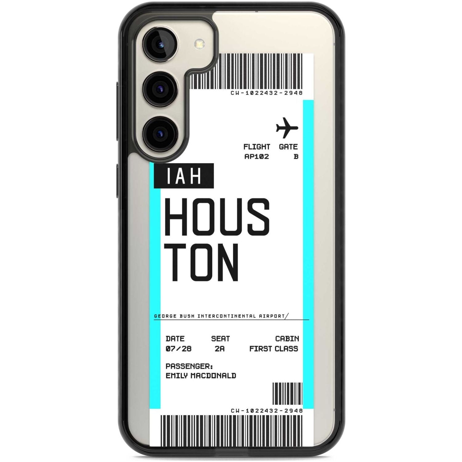 Personalised Houston Boarding Pass Custom Phone Case Samsung S22 Plus / Black Impact Case,Samsung S23 Plus / Black Impact Case Blanc Space