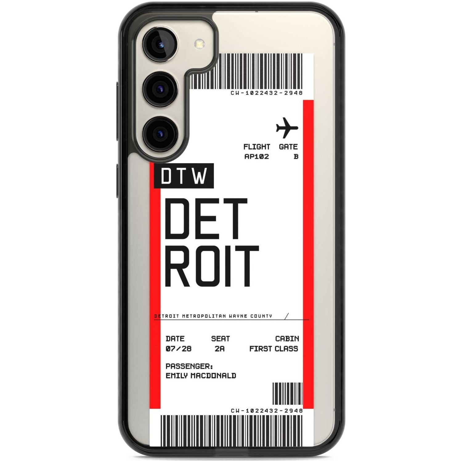 Personalised Detroit Boarding Pass Custom Phone Case Samsung S22 Plus / Black Impact Case,Samsung S23 Plus / Black Impact Case Blanc Space