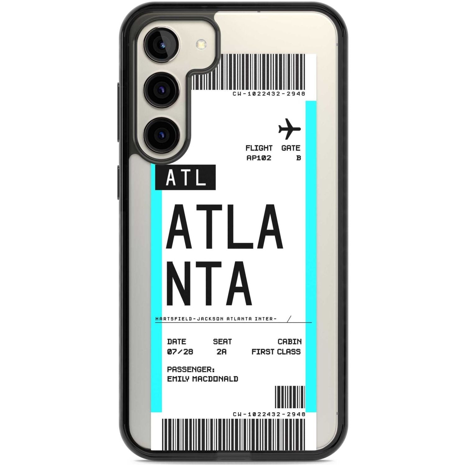 Personalised Atlanta Boarding Pass Custom Phone Case Samsung S22 Plus / Black Impact Case,Samsung S23 Plus / Black Impact Case Blanc Space
