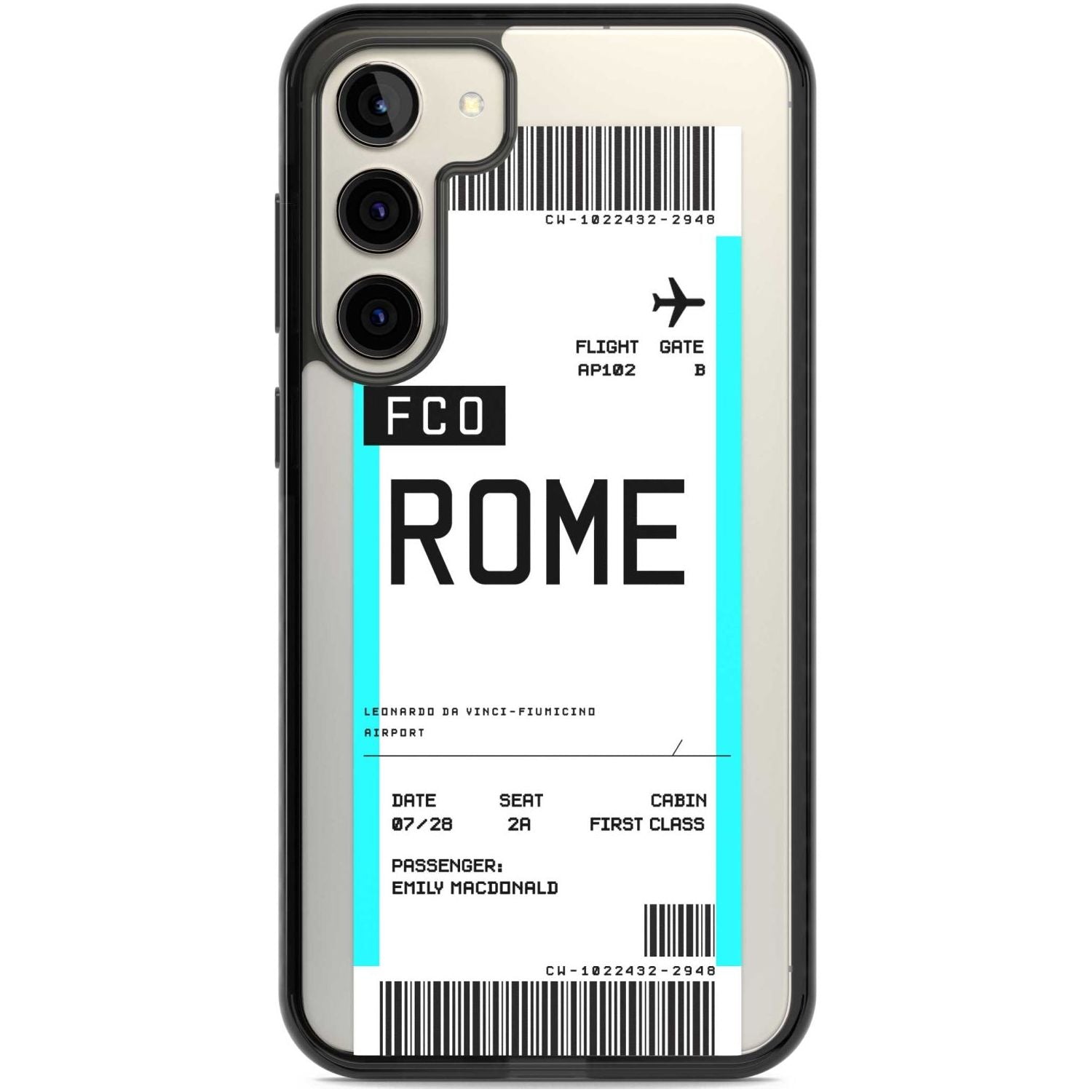 Personalised Rome Boarding Pass Custom Phone Case Samsung S22 Plus / Black Impact Case,Samsung S23 Plus / Black Impact Case Blanc Space