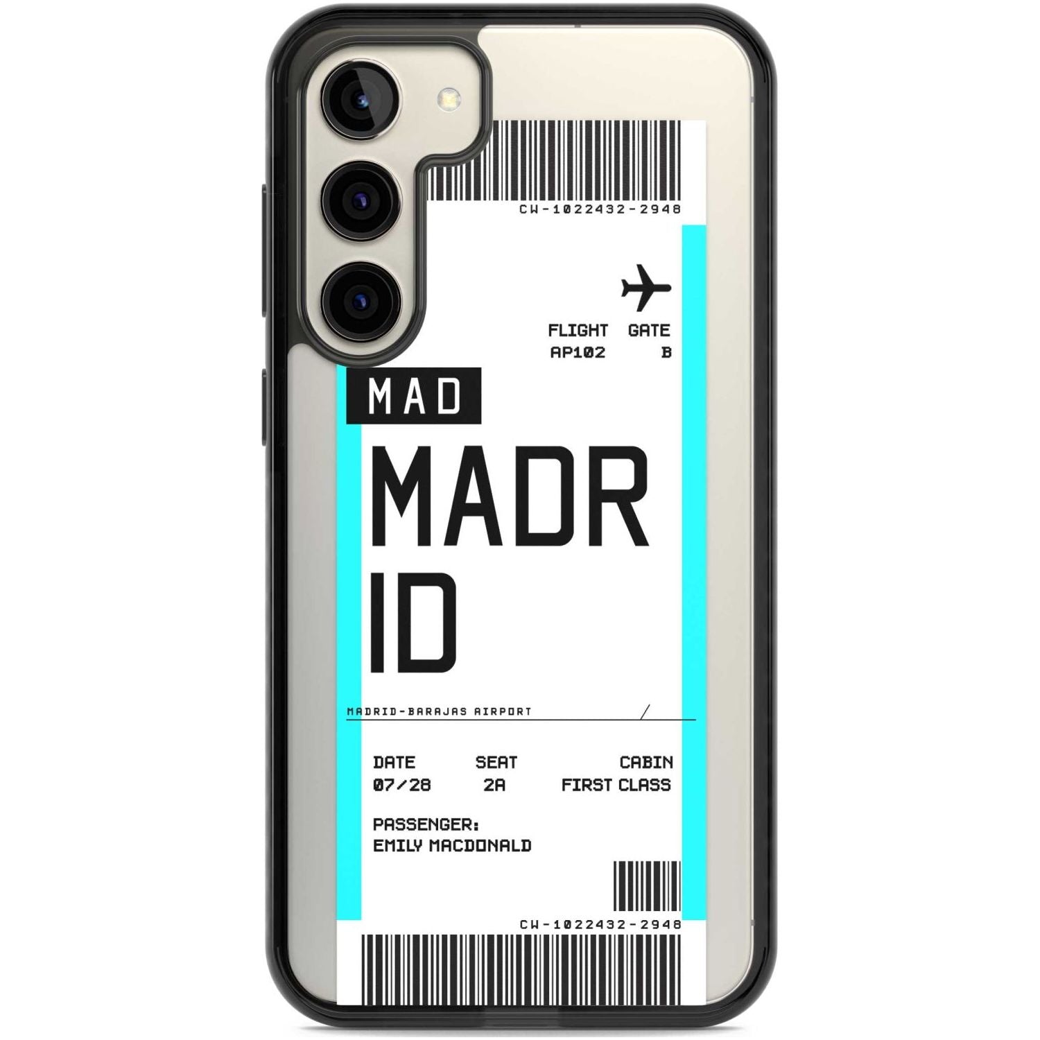 Personalised Madrid Boarding Pass Custom Phone Case Samsung S22 Plus / Black Impact Case,Samsung S23 Plus / Black Impact Case Blanc Space