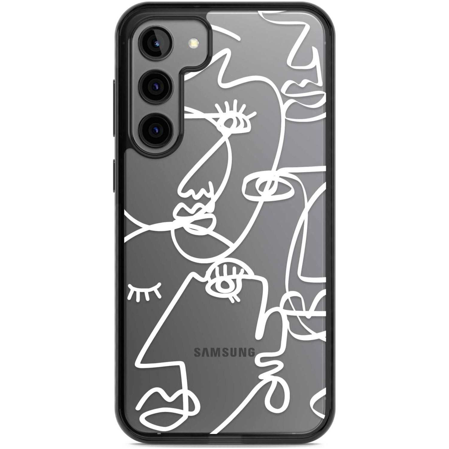 Abstract Continuous Line Faces White on Clear Phone Case Samsung S22 Plus / Black Impact Case,Samsung S23 Plus / Black Impact Case Blanc Space
