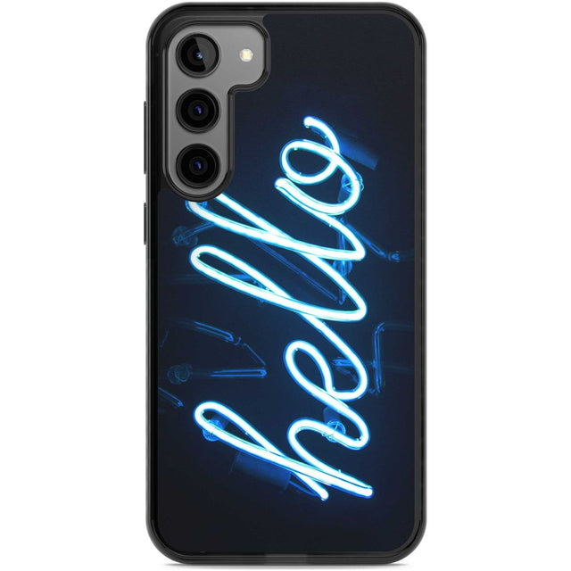 "Hello" Blue Cursive Neon Sign Phone Case Samsung S22 Plus / Black Impact Case,Samsung S23 Plus / Black Impact Case Blanc Space
