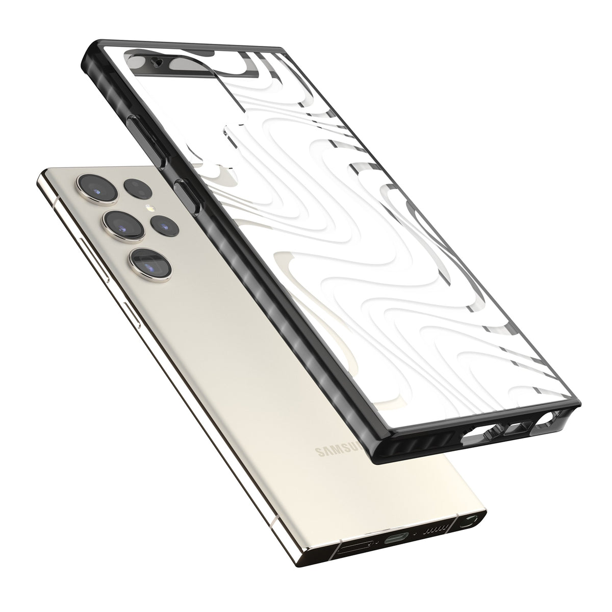 White Abstract Waves Samsung S22 Ultra / Samsung S23 Ultra / Samsung S24 Ultra Impact Black Phone Case angled