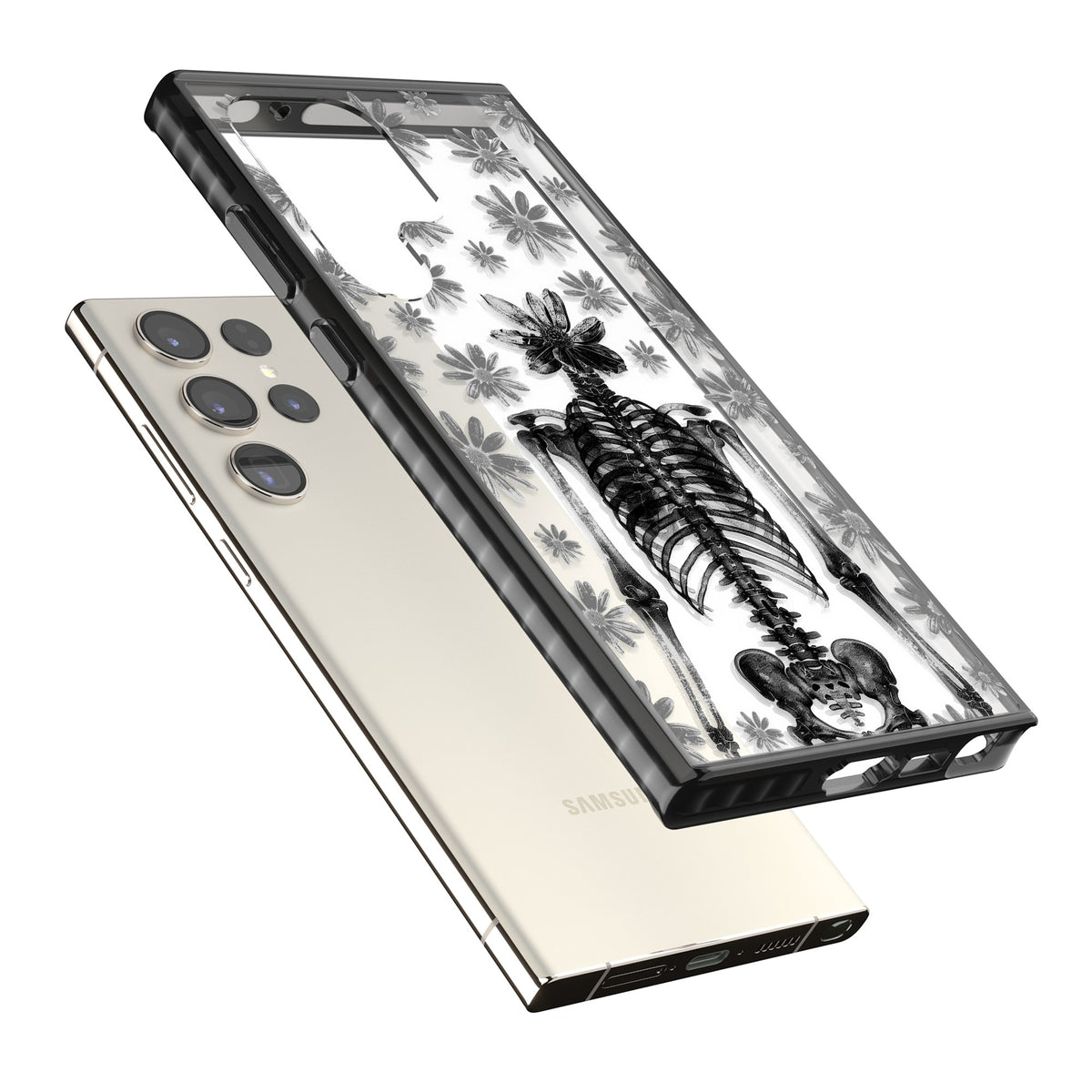 Skeleton Flower Samsung S22 Ultra / Samsung S23 Ultra / Samsung S24 Ultra Impact Black Phone Case angled