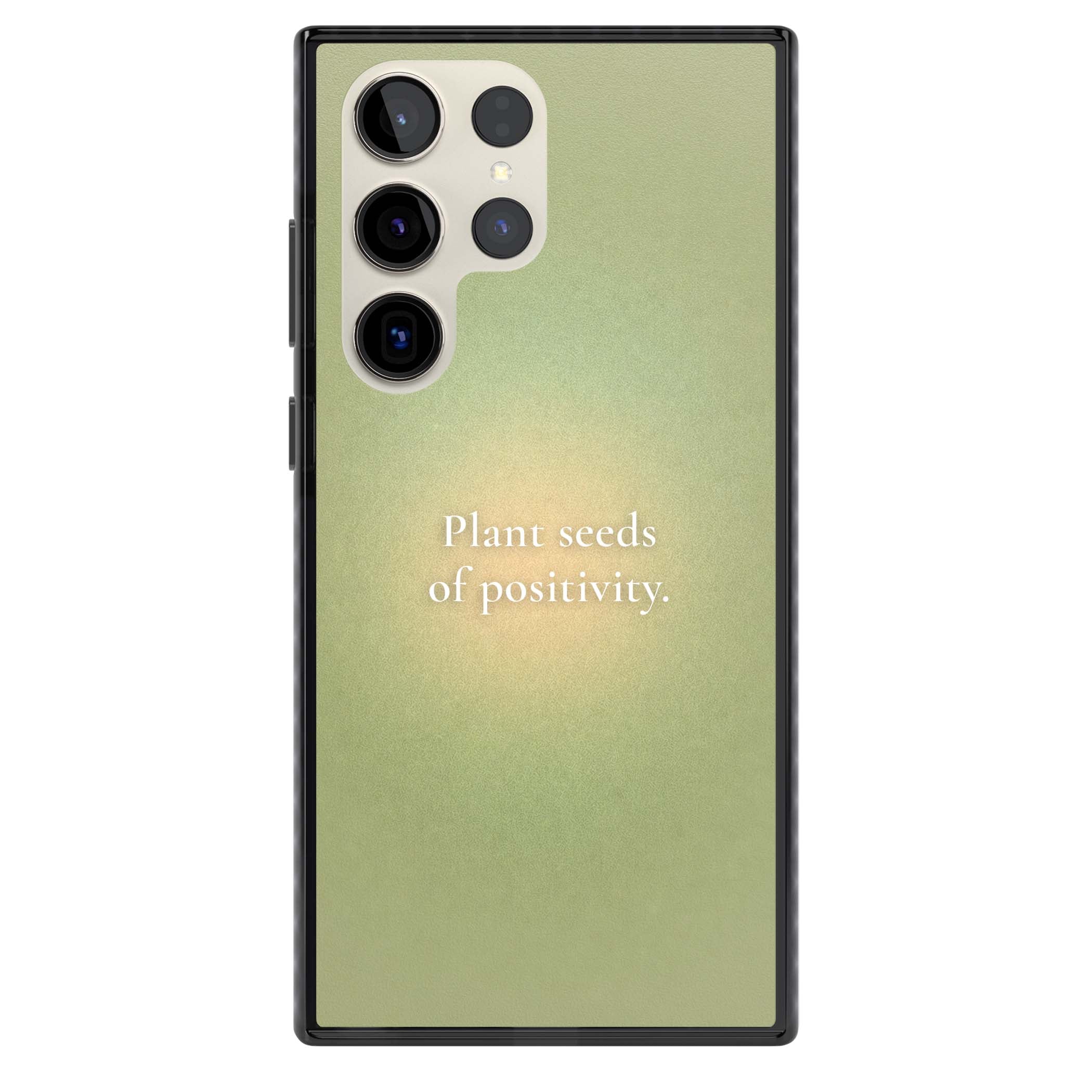 Seeds of Positivity quote iPhone case featuring a sage green aura gradient and golden glow affirmation | Black Impact case for Samsung Galaxy S24 Ultra, Samsung Galaxy S23 Ultra, Samsung Galaxy S22 Ultra