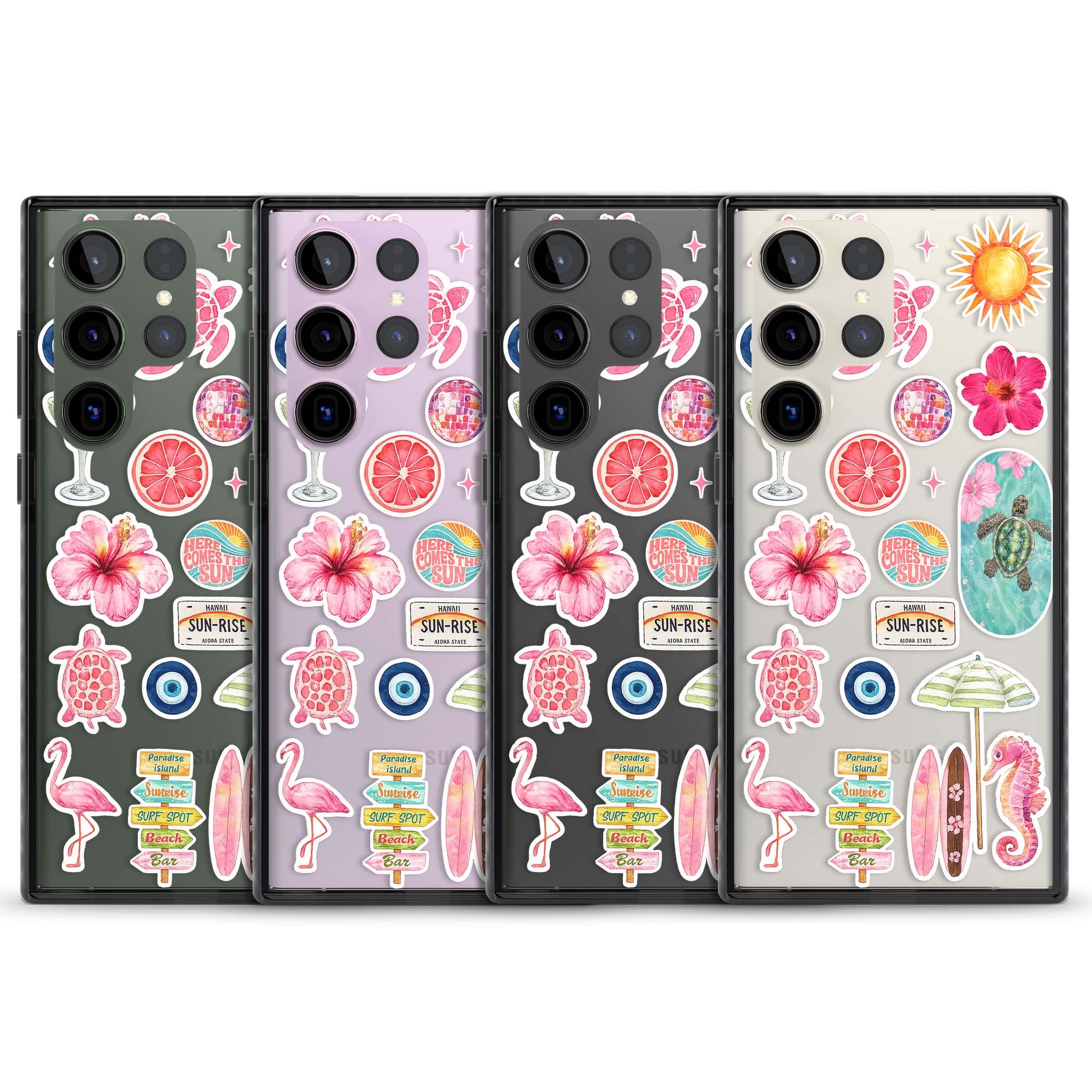 Aloha Sticker Mix tropical summer iPhone case featuring pink hibiscus, sea turtles, flamingo and beach umbrella stickers | Black Impact case for Samsung Galaxy S24 Ultra, Samsung Galaxy S23 Ultra, Samsung Galaxy S22 Ultra