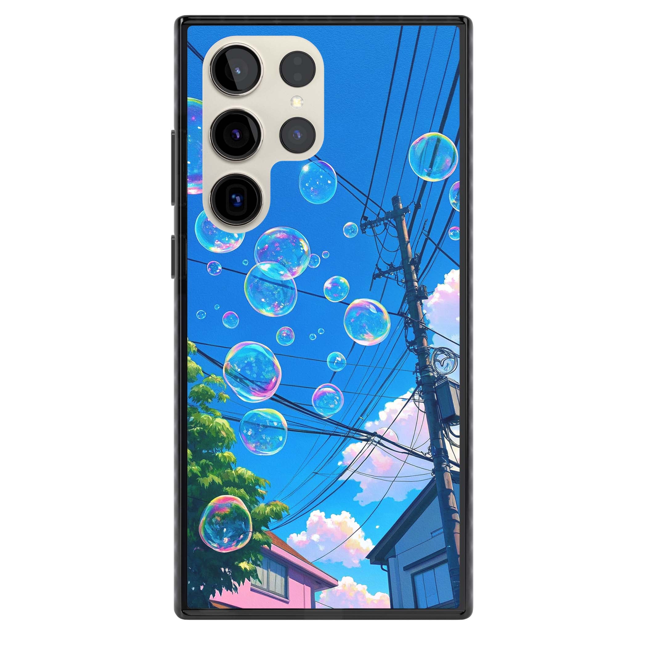 Suburban Bubbles anime iPhone case featuring iridescent soap bubbles, blue sky and Japanese telephone wires | Black Impact case for Samsung Galaxy S24 Ultra, Samsung Galaxy S23 Ultra, Samsung Galaxy S22 Ultra
