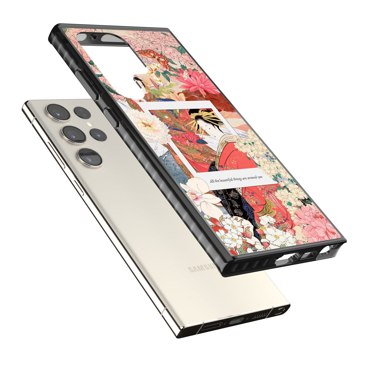 Woodblock Geisha Samsung S22 Ultra / Samsung S23 Ultra / Samsung S24 Ultra Impact Black Phone Case angled