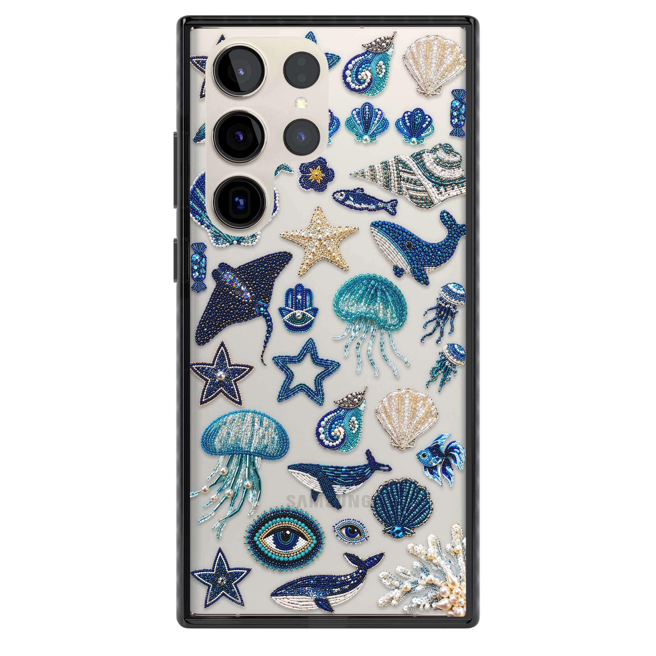 Beaded Coastal coastal iPhone case featuring embroidered seashells, jellyfish and a blue whale on clear | Black Impact case for Samsung Galaxy S24 Ultra, Samsung Galaxy S23 Ultra, Samsung Galaxy S22 Ultra
