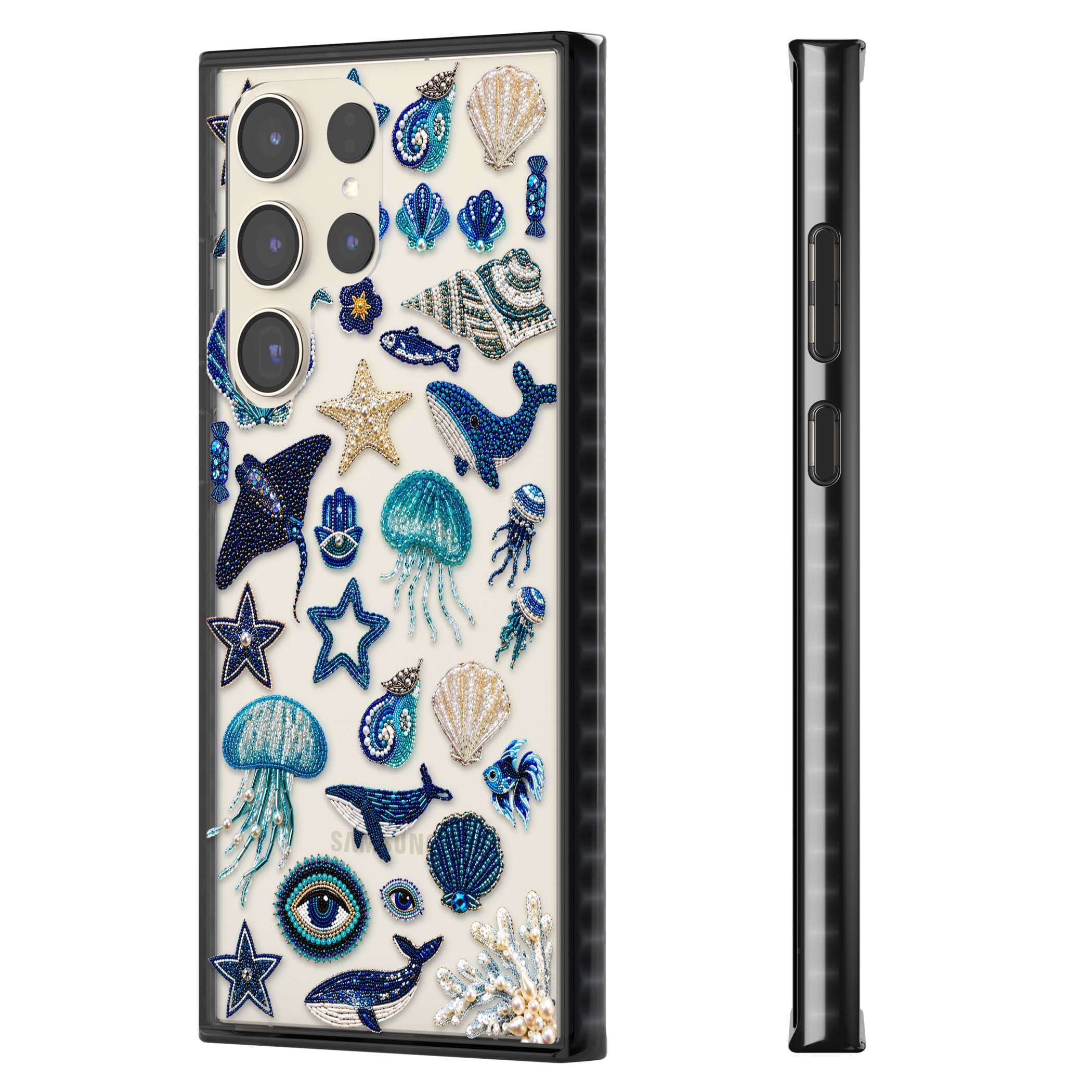 Beaded Coastal coastal iPhone case featuring embroidered seashells, jellyfish and a blue whale on clear | Black Impact case for Samsung Galaxy S24 Ultra, Samsung Galaxy S23 Ultra, Samsung Galaxy S22 Ultra