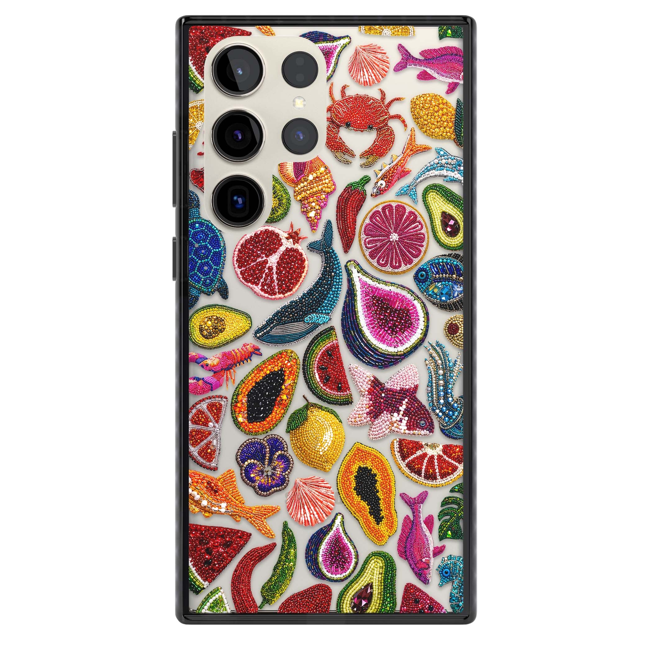 Beaded Tropic tropical iPhone case featuring beaded fruit, fish, crabs and seashells in vibrant colour | Black Impact case for Samsung Galaxy S24 Ultra, Samsung Galaxy S23 Ultra, Samsung Galaxy S22 Ultra