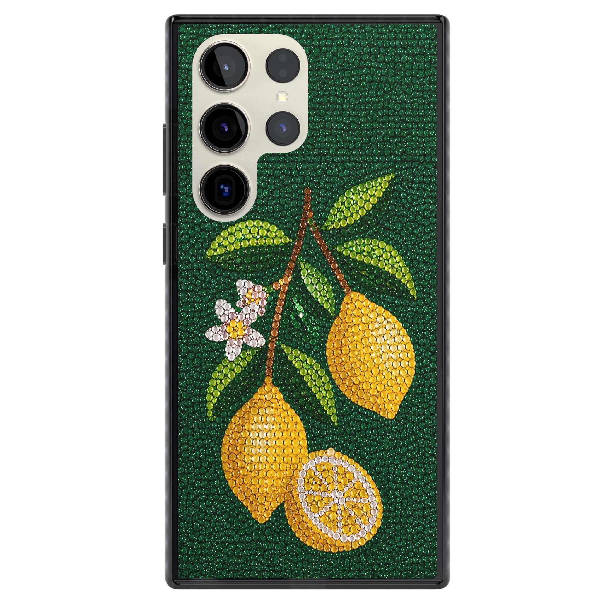 Beaded Lemons coastal iPhone case featuring crystal-beaded lemons, citrus blossom and green leaves on emerald ground | Black Impact case for Samsung Galaxy S24 Ultra, Samsung Galaxy S23 Ultra, Samsung Galaxy S22 Ultra