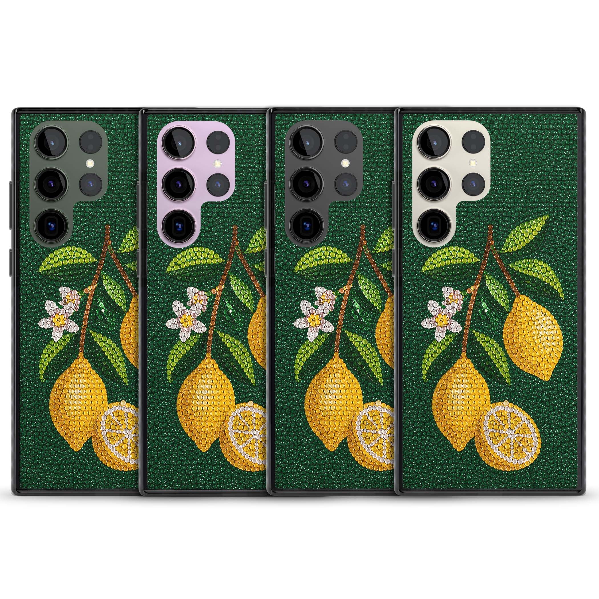 Beaded Lemons coastal iPhone case featuring crystal-beaded lemons, citrus blossom and green leaves on emerald ground | Black Impact case for Samsung Galaxy S24 Ultra, Samsung Galaxy S23 Ultra, Samsung Galaxy S22 Ultra