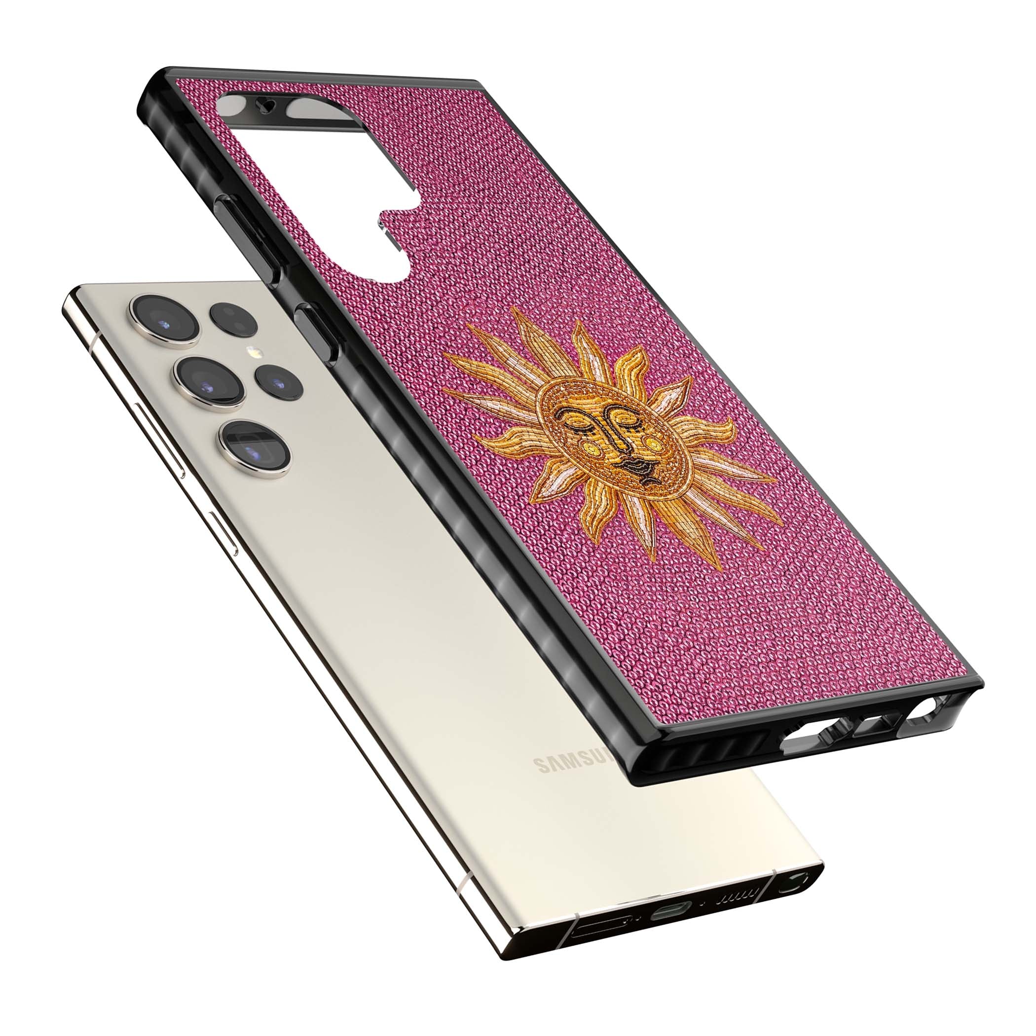 Beaded Sun celestial iPhone case featuring a golden beaded sun face with radiant rays on hot pink beaded background | Black Impact case for Samsung Galaxy S24 Ultra, Samsung Galaxy S23 Ultra, Samsung Galaxy S22 Ultra