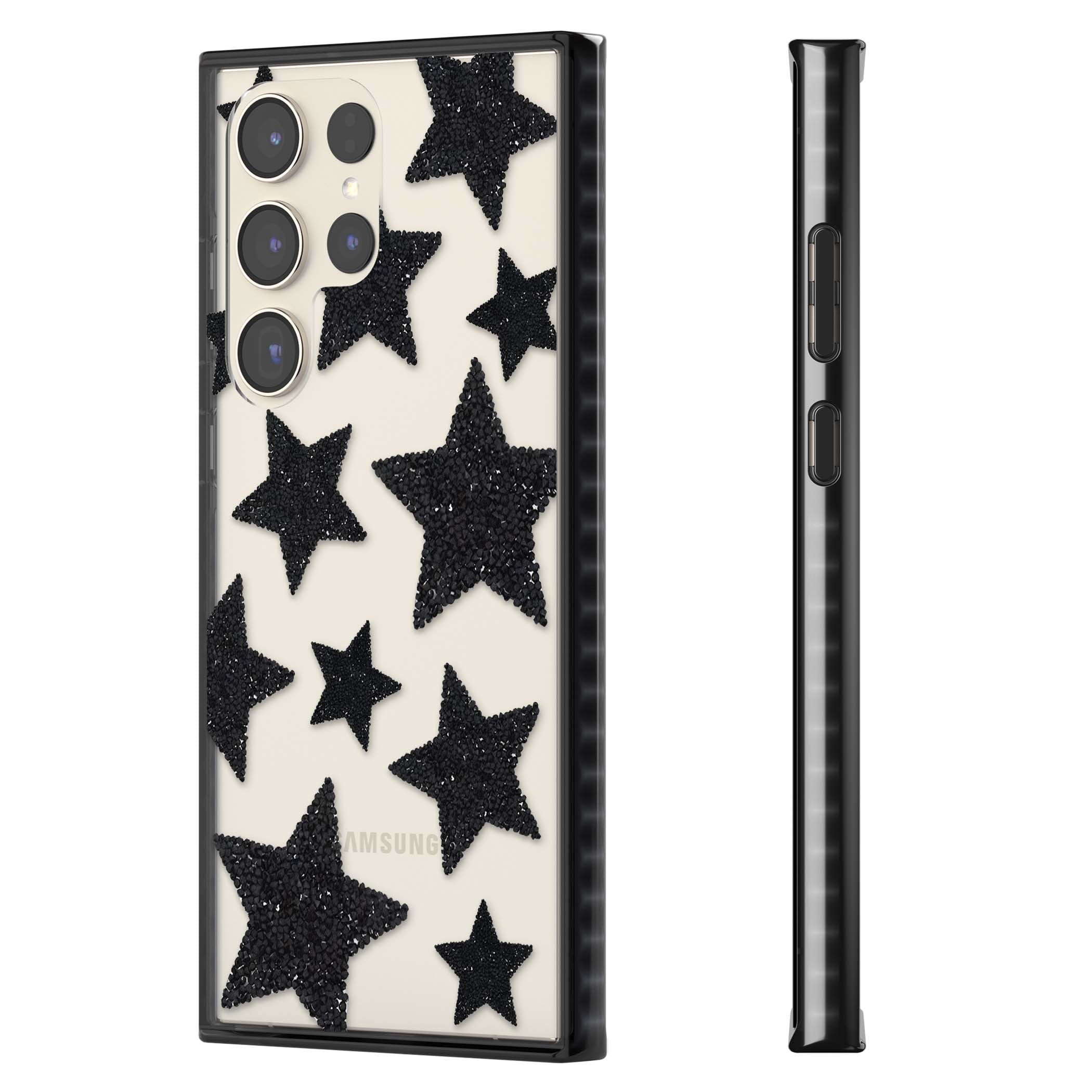 Beaded Black Stars celestial iPhone case featuring black glitter beaded stars scattered on a clear background | Black Impact case for Samsung Galaxy S24 Ultra, Samsung Galaxy S23 Ultra, Samsung Galaxy S22 Ultra