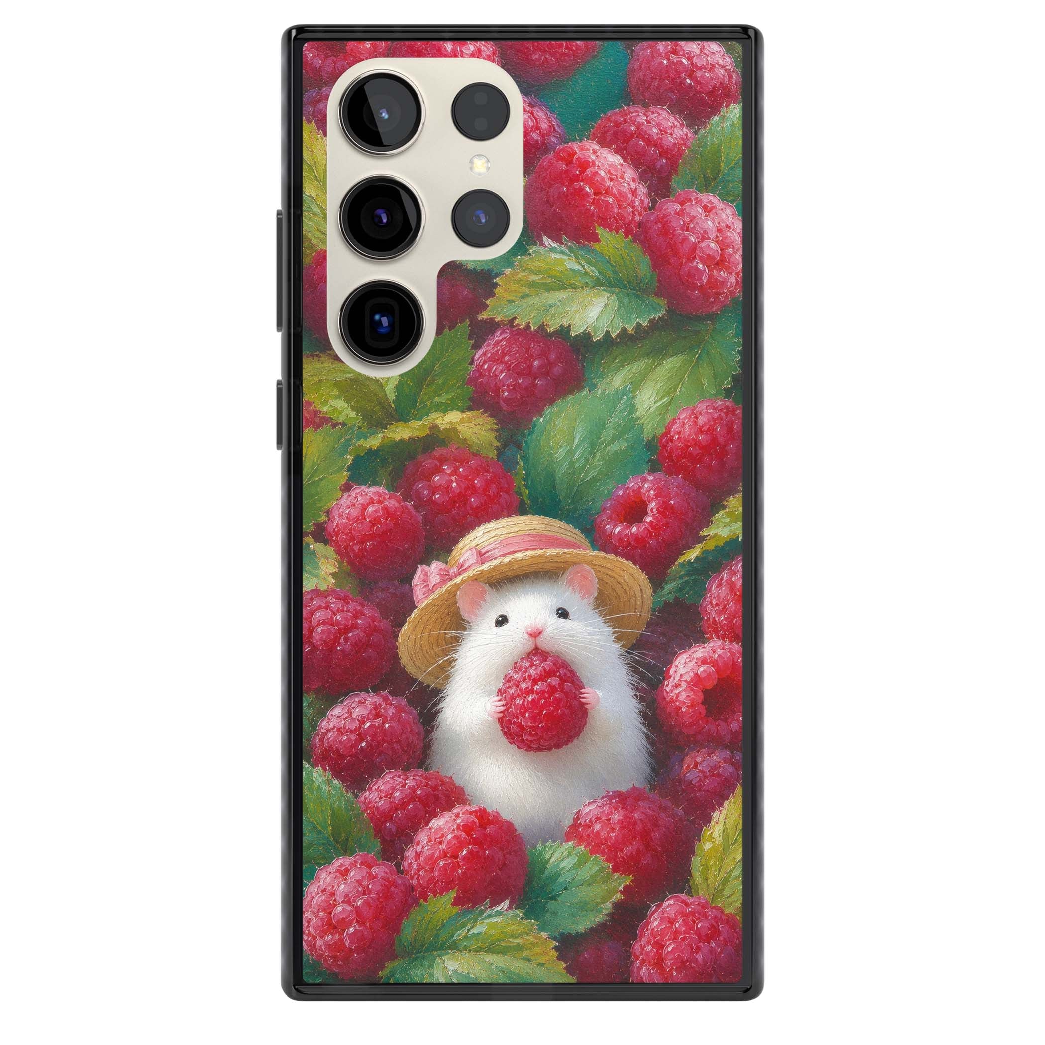 Berry Forager cottagecore iPhone case featuring a white hamster in a straw hat holding a raspberry surrounded by ripe ber | Black Impact case for Samsung Galaxy S24 Ultra, Samsung Galaxy S23 Ultra, Samsung Galaxy S22 Ultra
