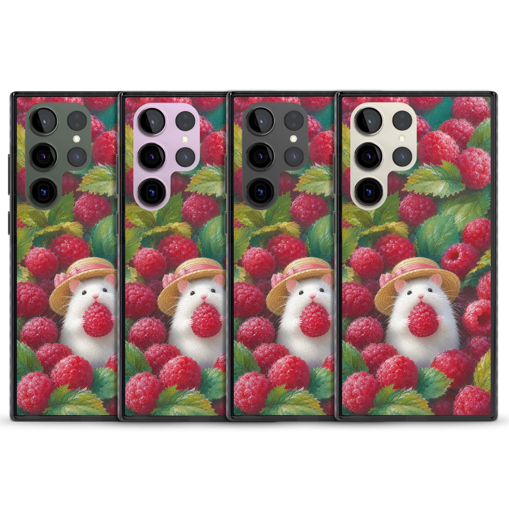 Berry Forager cottagecore iPhone case featuring a white hamster in a straw hat holding a raspberry surrounded by ripe ber | Black Impact case for Samsung Galaxy S24 Ultra, Samsung Galaxy S23 Ultra, Samsung Galaxy S22 Ultra