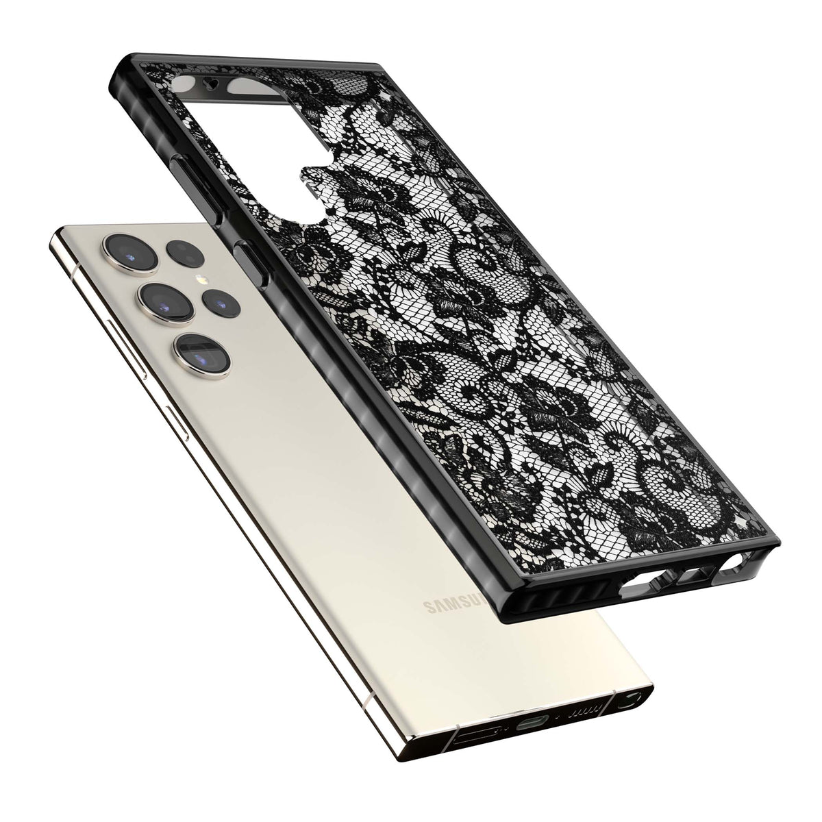 Black Lace gothic iPhone case featuring intricate black floral lace pattern with vintage whimsigoth detail | Black Impact case for Samsung Galaxy S24 Ultra, Samsung Galaxy S23 Ultra, Samsung Galaxy S22 Ultra