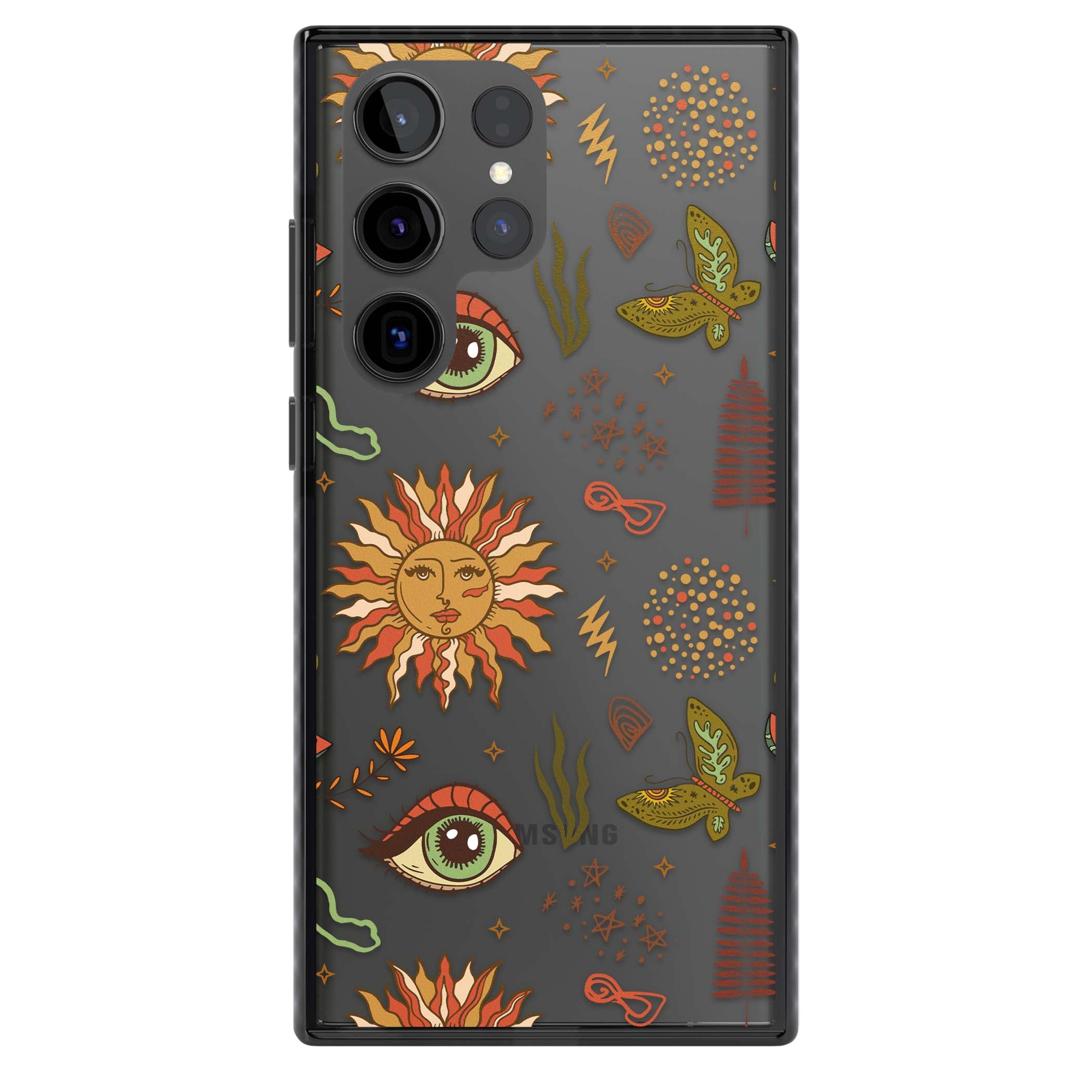 Elevate Your Phone'S Style With This Boho Celestial Sun & Eye Phone Case, Featuring A Mystical Blend Of Suns, All-Seeing Eyes, Butterflies, Stars, And