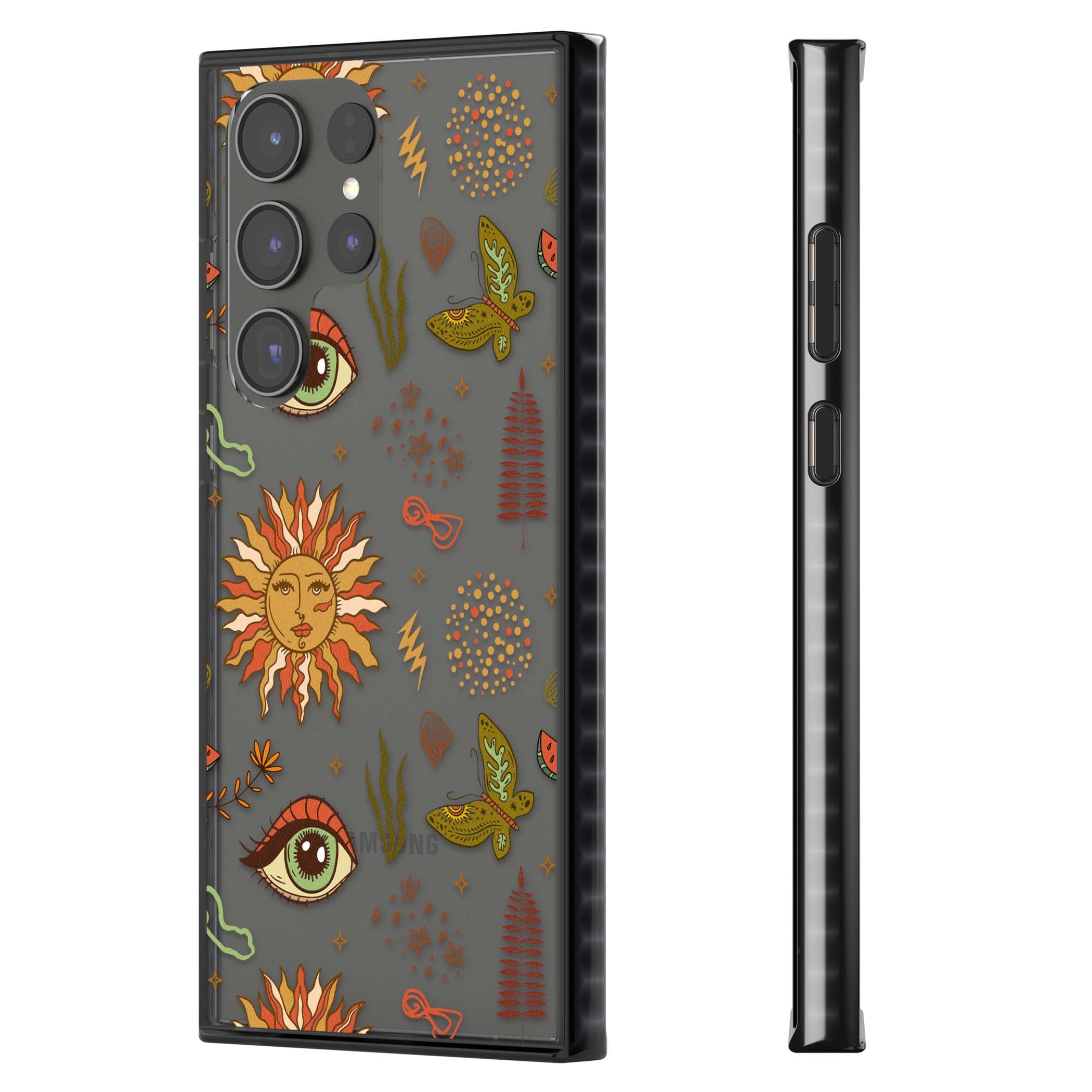 Elevate Your Phone'S Style With This Boho Celestial Sun & Eye Phone Case, Featuring A Mystical Blend Of Suns, All-Seeing Eyes, Butterflies, Stars, And