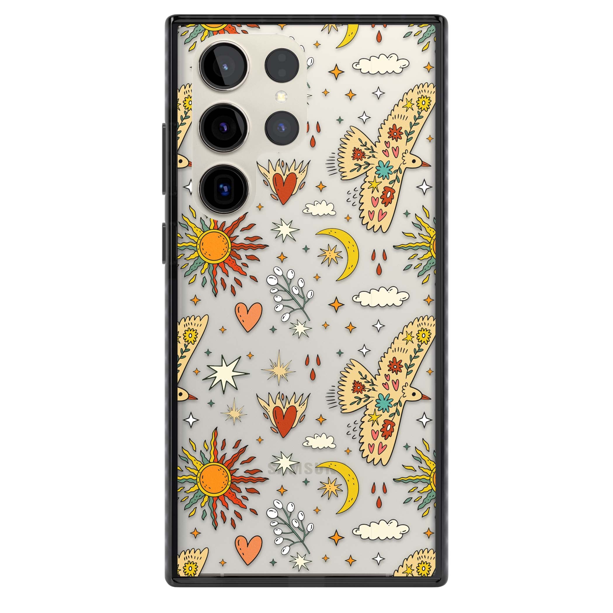 Elevate Your Phone'S Style With This Boho Celestial Sun & Eye Phone Case, Featuring A Mystical Blend Of Suns, All-Seeing Eyes, Butterflies, Stars, And