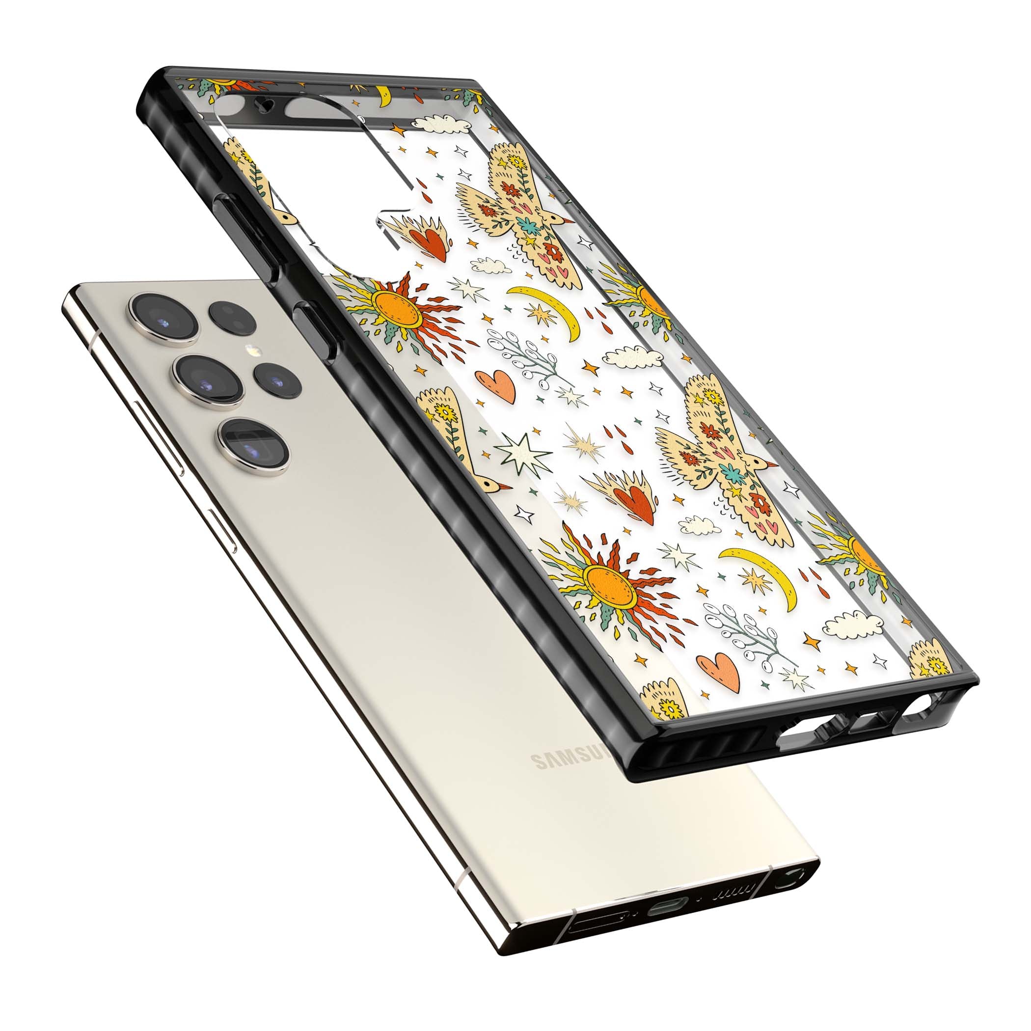 Elevate Your Phone'S Style With This Boho Celestial Sun & Eye Phone Case, Featuring A Mystical Blend Of Suns, All-Seeing Eyes, Butterflies, Stars, And