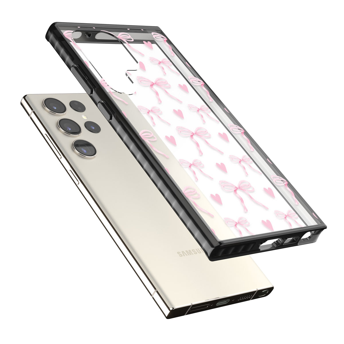 Pink Bows & Hearts Samsung S22 Ultra / Samsung S23 Ultra / Samsung S24 Ultra Impact Black Phone Case angled