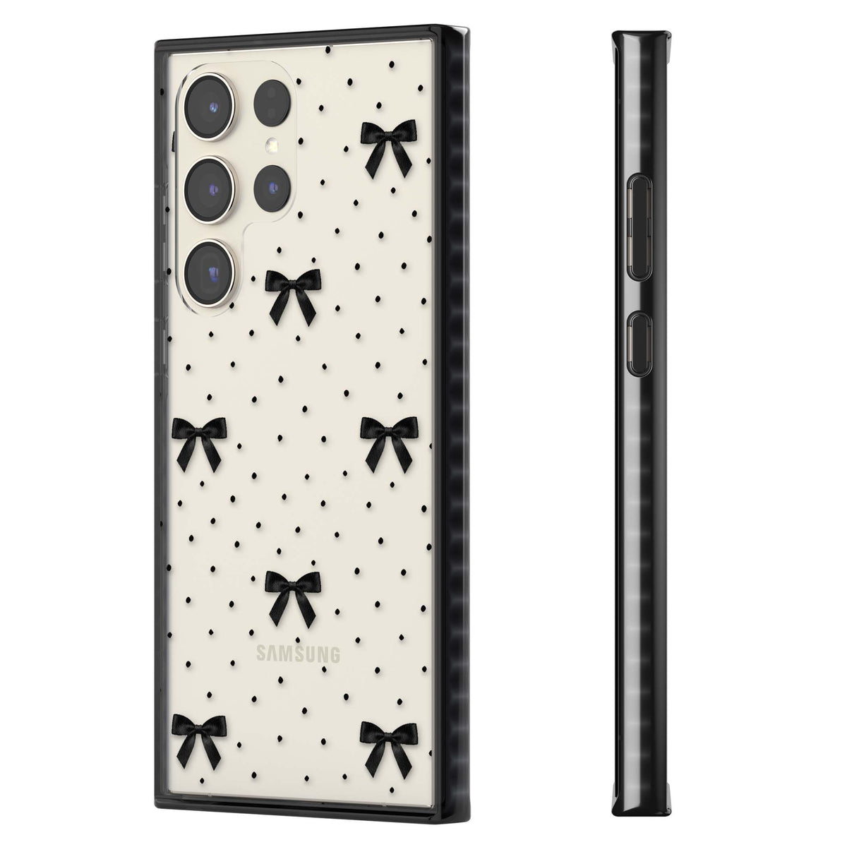 Black Polka Bows coquette iPhone case featuring scattered black satin bows and tiny polka dots on a clear base | Black Impact case for Samsung Galaxy S24 Ultra, Samsung Galaxy S23 Ultra, Samsung Galaxy S22 Ultra