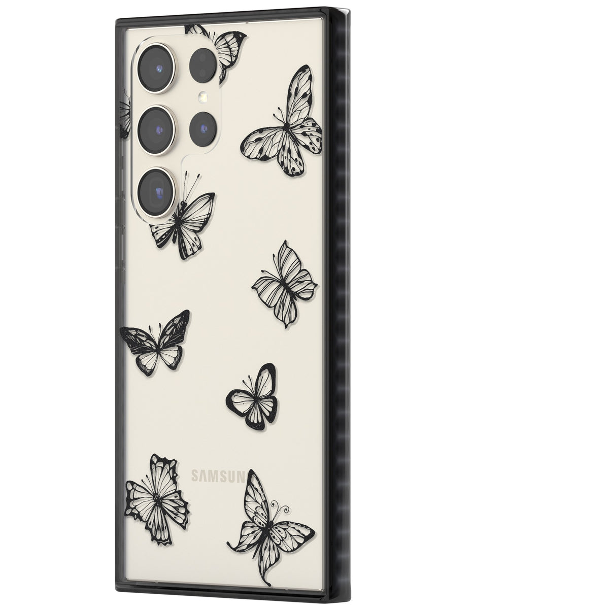 Grey Butterfly Line Pattern Samsung S22 Ultra / Samsung S23 Ultra / Samsung S24 Ultra Impact Black Phone Case side