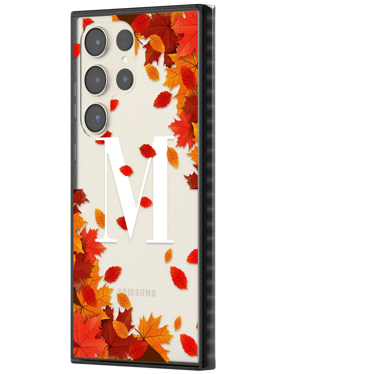 Personalised Autumn Leaves Monogram Samsung S22 Ultra / Samsung S23 Ultra / Samsung S24 Ultra Impact Black Phone Case side