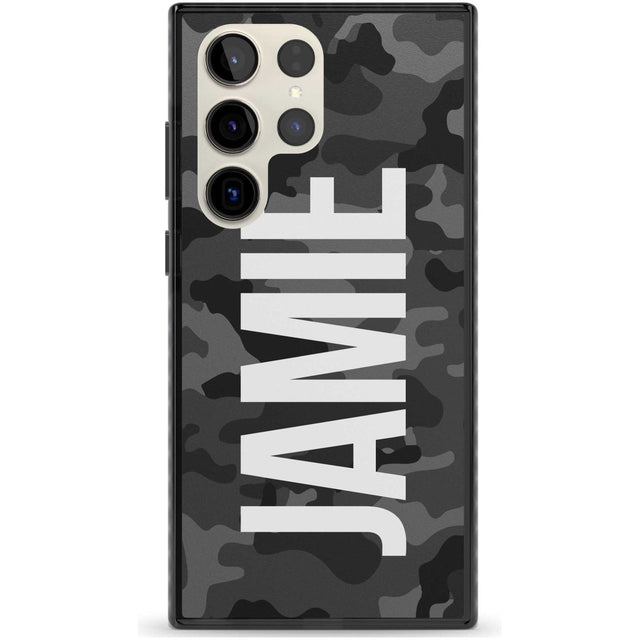 Personalised Vertical Name Black Camouflage Custom Phone Case Samsung S22 Ultra / Black Impact Case,Samsung S23 Ultra / Black Impact Case Blanc Space