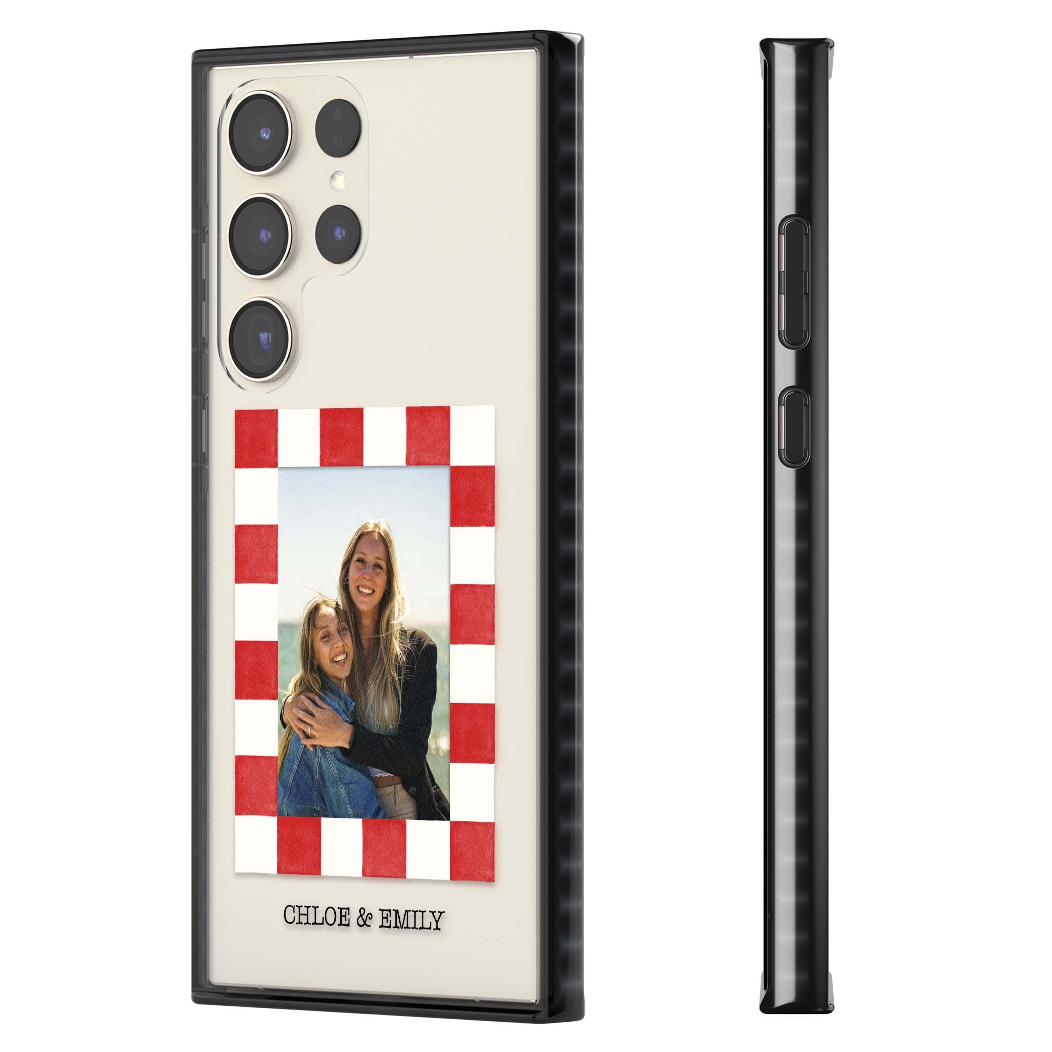 Red Check Photo personalised photo iPhone case with red and white checkered polaroid frame and custom couple name | Black Impact case for Samsung Galaxy S24 Ultra, Samsung Galaxy S23 Ultra, Samsung Galaxy S22 Ultra