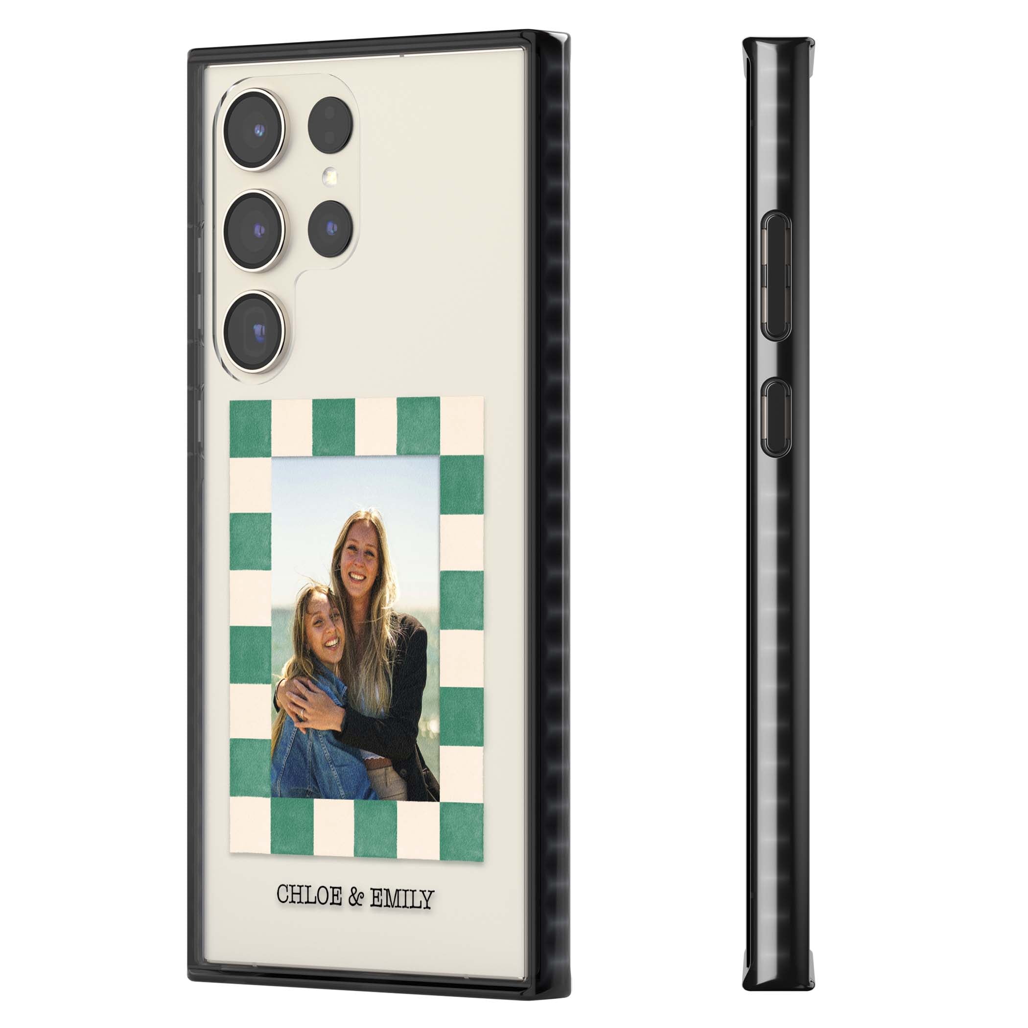 Seafoam Check Photo personalised iPhone case featuring a custom polaroid photo, green and cream checkered frame, and custom n | Black Impact case for Samsung Galaxy S24 Ultra, Samsung Galaxy S23 Ultra, Samsung Galaxy S22 Ultra