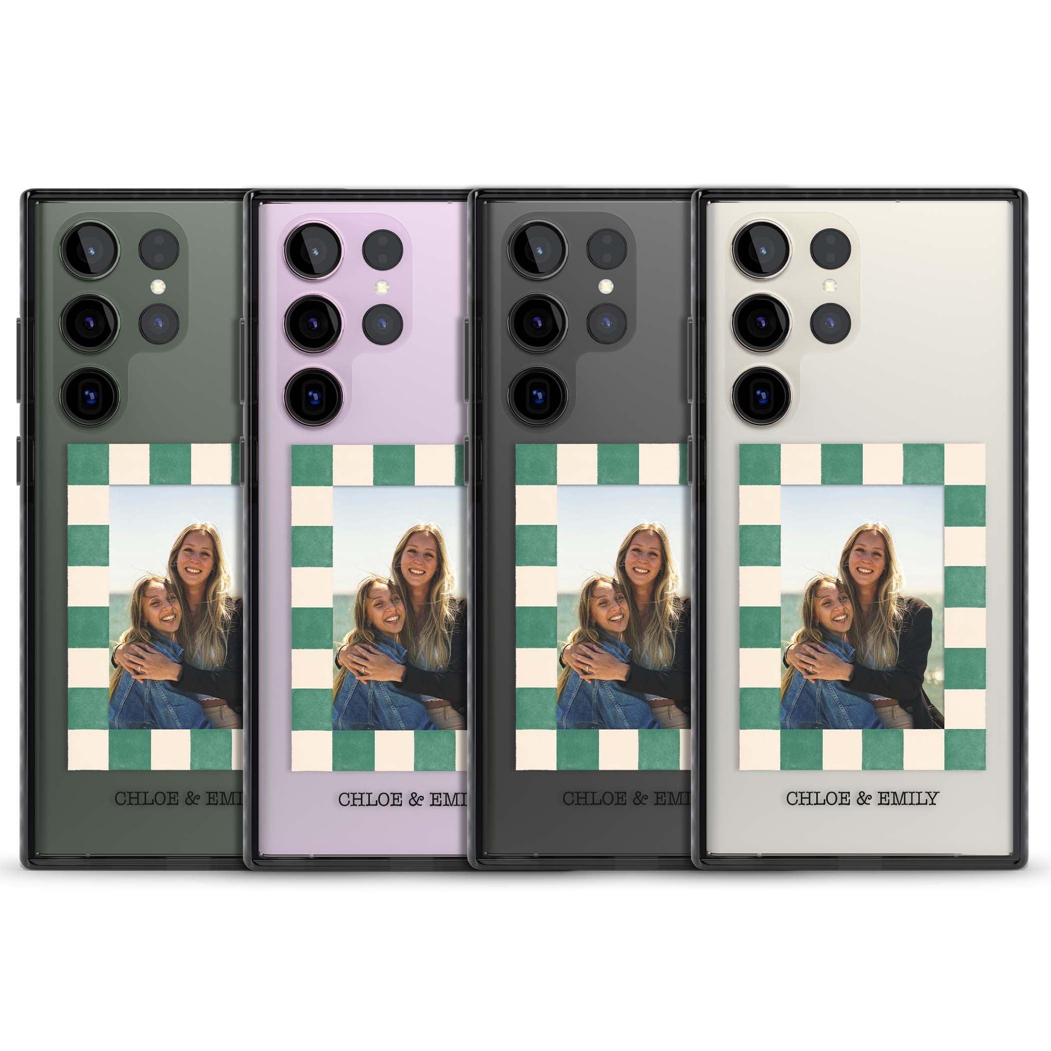 Seafoam Check Photo personalised iPhone case featuring a custom polaroid photo, green and cream checkered frame, and custom n | Black Impact case for Samsung Galaxy S24 Ultra, Samsung Galaxy S23 Ultra, Samsung Galaxy S22 Ultra