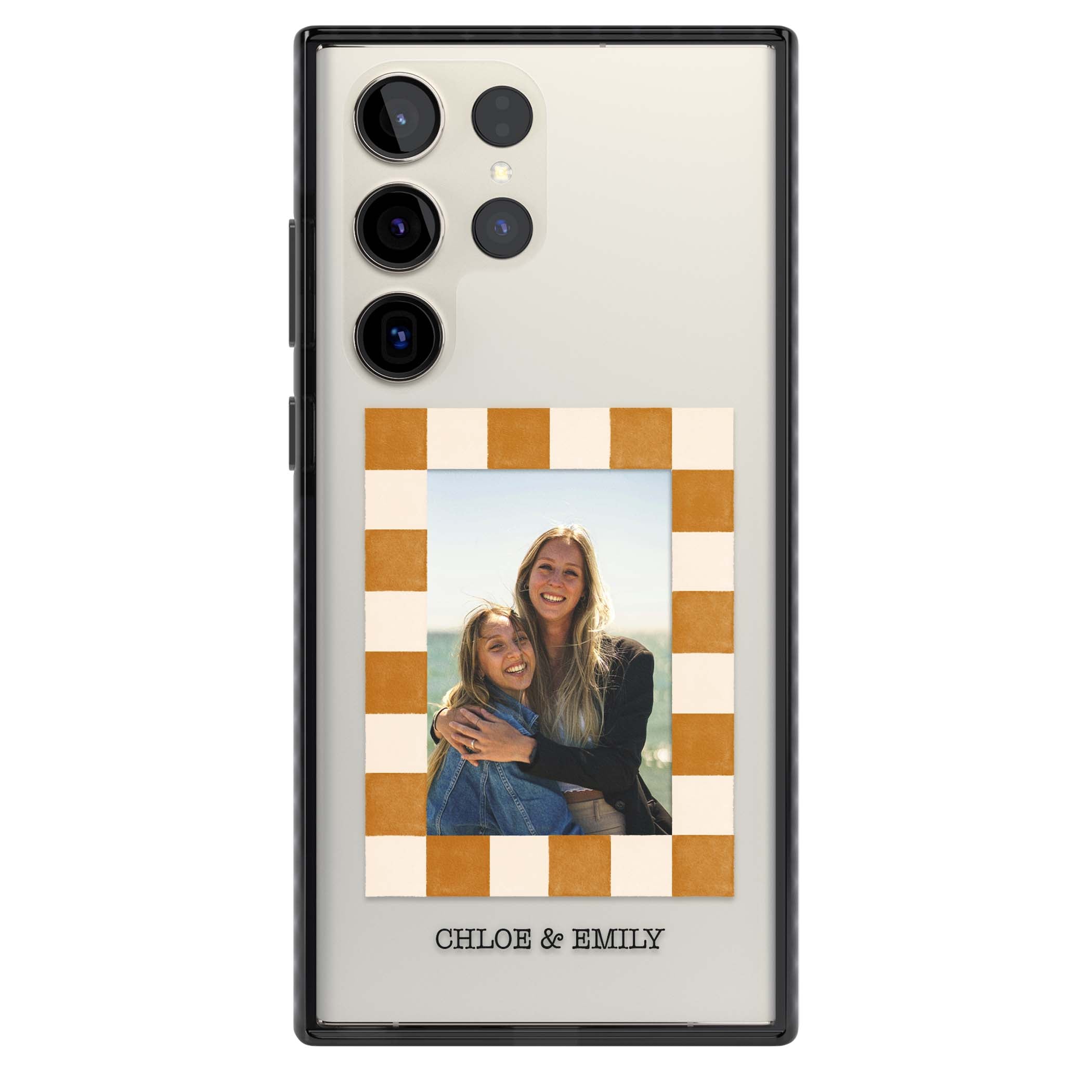 Citrus Check Photo personalised iPhone case with custom photo, orange checkered frame and names underneath | Black Impact case for Samsung Galaxy S24 Ultra, Samsung Galaxy S23 Ultra, Samsung Galaxy S22 Ultra