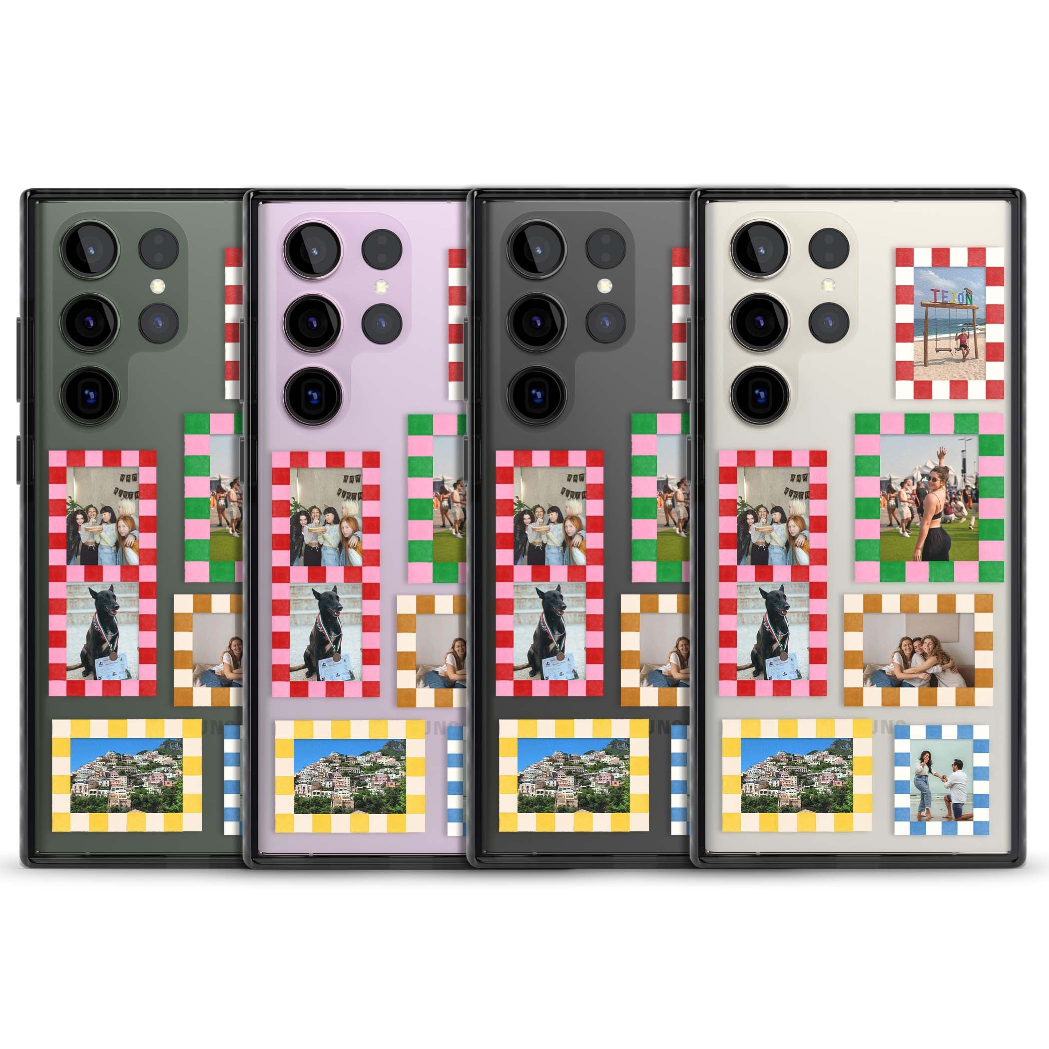 Italian Check Frames custom photo collage iPhone case featuring six checkered photo frames in red, green, pink and  | Black Impact case for Samsung Galaxy S24 Ultra, Samsung Galaxy S23 Ultra, Samsung Galaxy S22 Ultra