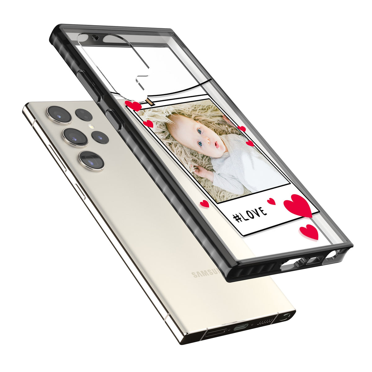 Personalised Paperclip & Hearts Polaroid Samsung S22 Ultra / Samsung S23 Ultra / Samsung S24 Ultra Impact Black Phone Case angled