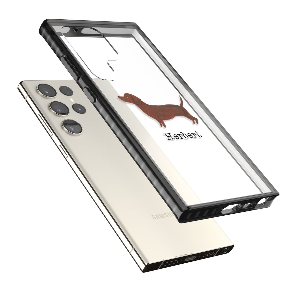 Personalised Sausage Dog Samsung S22 Ultra / Samsung S23 Ultra / Samsung S24 Ultra Impact Black Phone Case angled