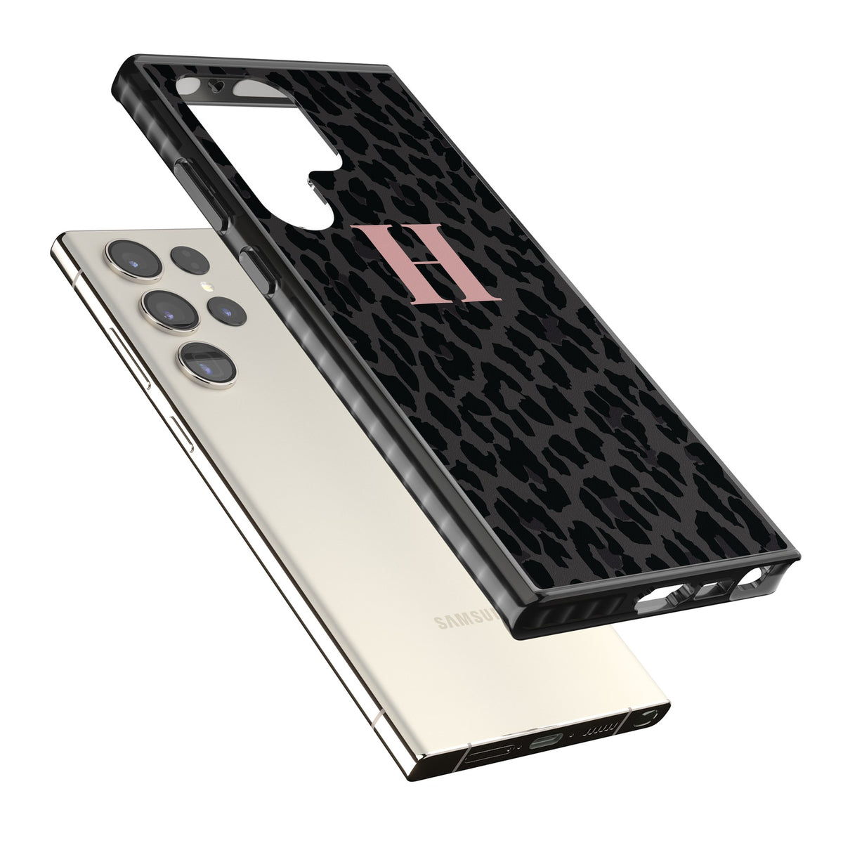 Personalised Leopard Pink Monogram Samsung S22 Ultra / Samsung S23 Ultra / Samsung S24 Ultra Impact Black Phone Case angled