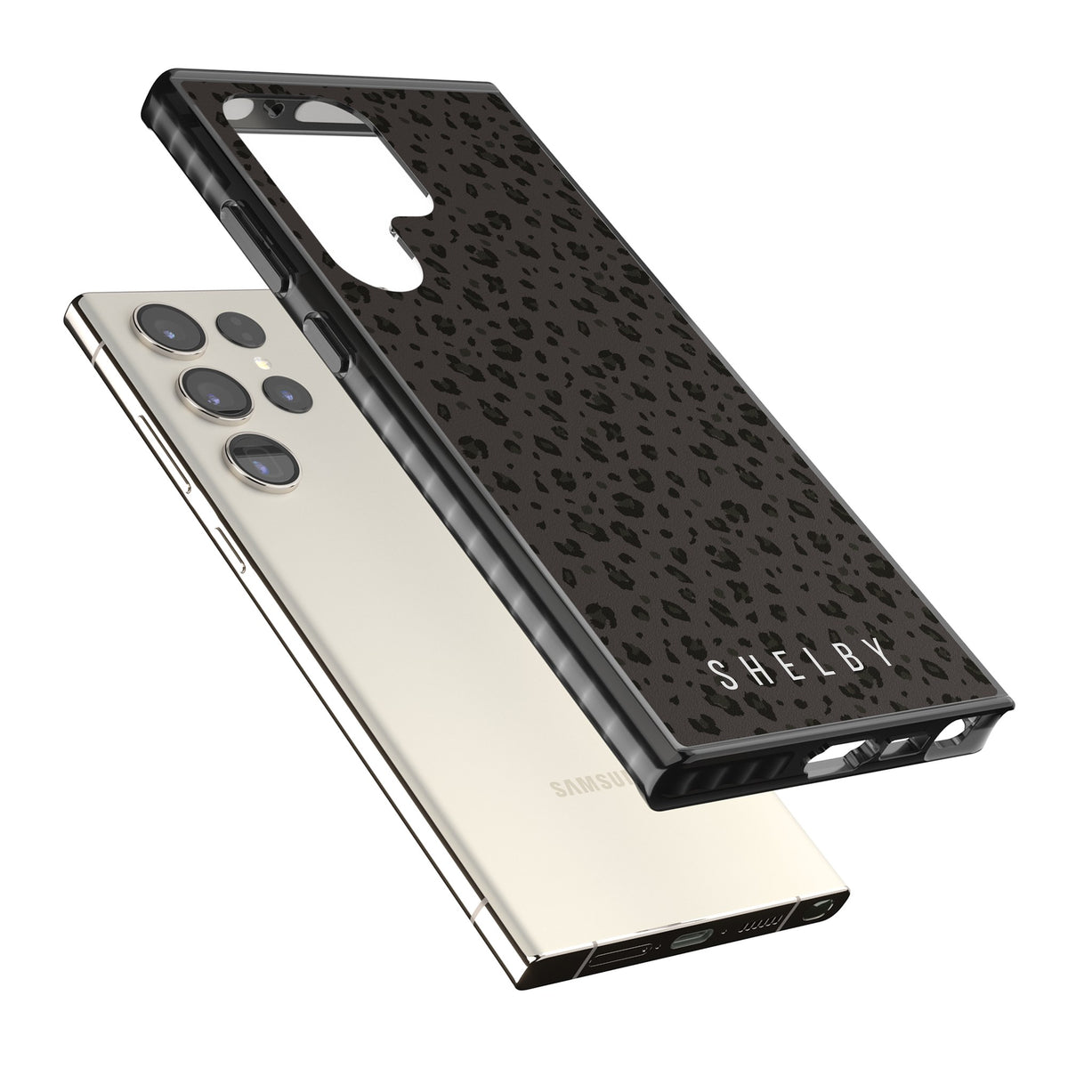 Personalised Dark Leopard Samsung S22 Ultra / Samsung S23 Ultra / Samsung S24 Ultra Impact Black Phone Case angled