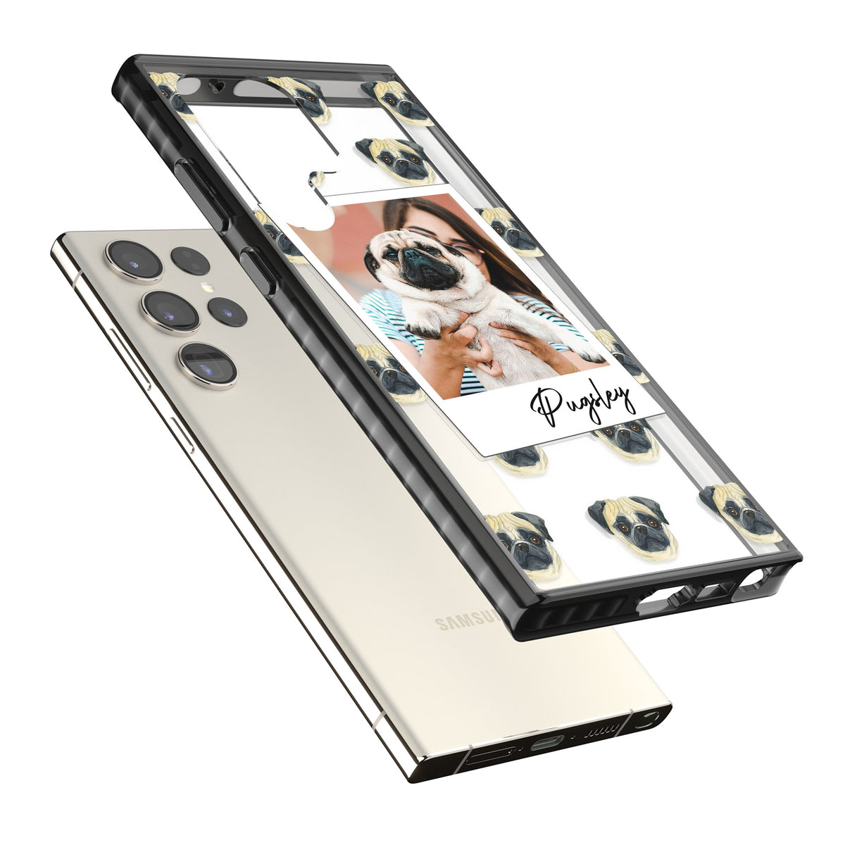 Personalised Pug Instant Camera Photo Samsung S22 Ultra / Samsung S23 Ultra / Samsung S24 Ultra Impact Black Phone Case angled