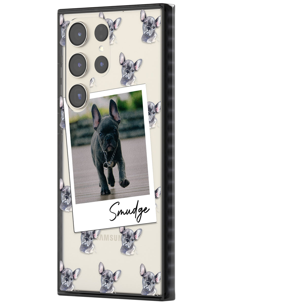 Personalised Grey French Bulldog Instant Camera Photo Samsung S22 Ultra / Samsung S23 Ultra / Samsung S24 Ultra Impact Black Phone Case side