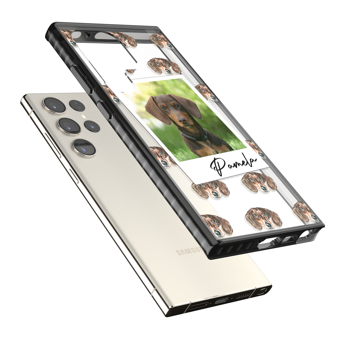 Personalised Brown Dachshund Instant Camera Photo Samsung S22 Ultra / Samsung S23 Ultra / Samsung S24 Ultra Impact Black Phone Case angled